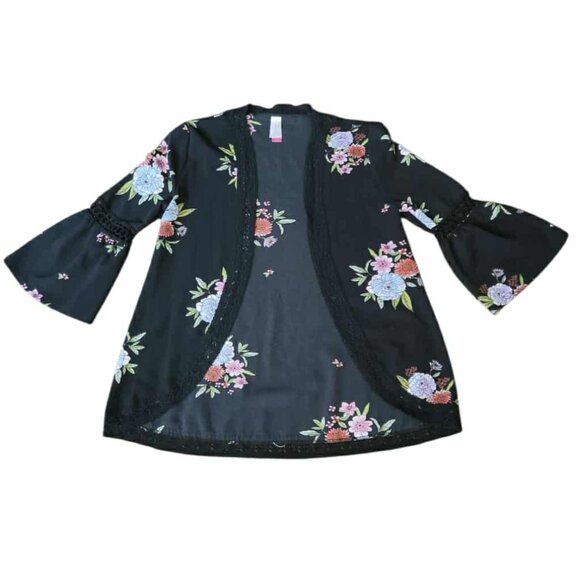 Women's Top Open Kimono Style Blouse Lacy Bell Sleeves Floral Size Small - Picture 1 of 11